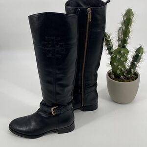 Tory Burch Leather Knee High Logo‎ Riding Boots Black Size 6